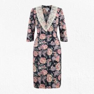 Vintage 80s Navy Pink Floral Lace Trim Rayon Cottagecore Wrap Midi Dress Size 6